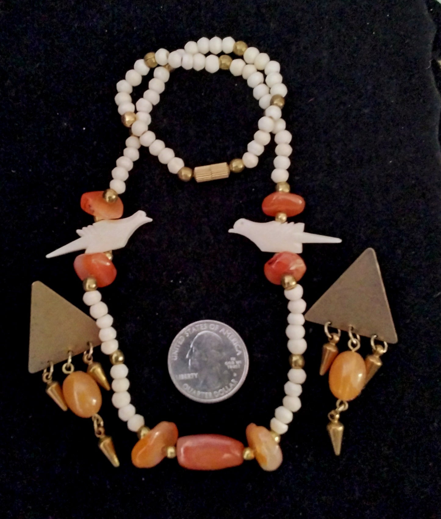 Bone, Brass & Red Aventurine Carved Necklace Set