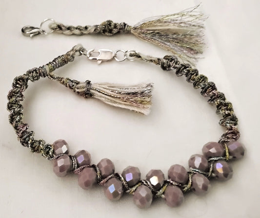 Lilac Glass Bead Woven Bracelet with Tassel Accent