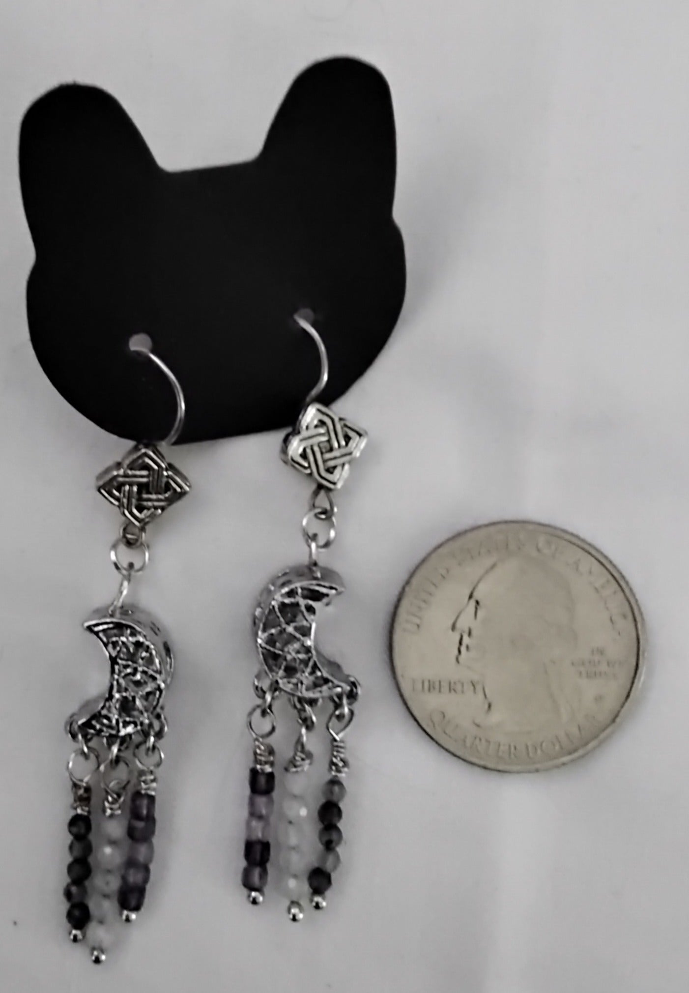 Crescent Moon Drop Earrings with Iolite, Moonstone, & Amethyst Heishi