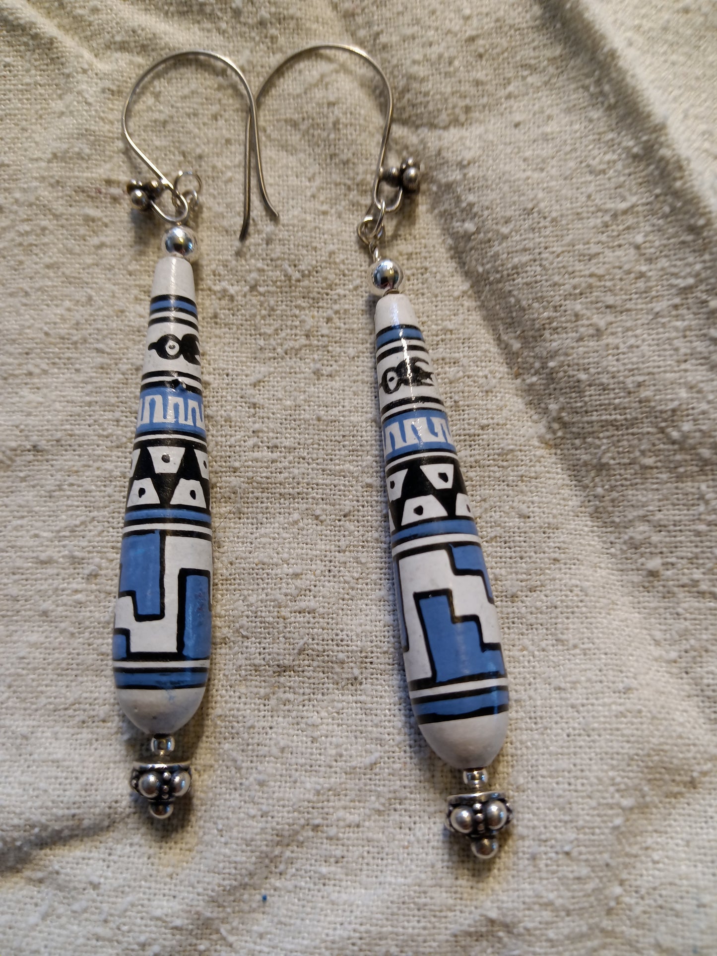 Long Blue & White Bead Earrings