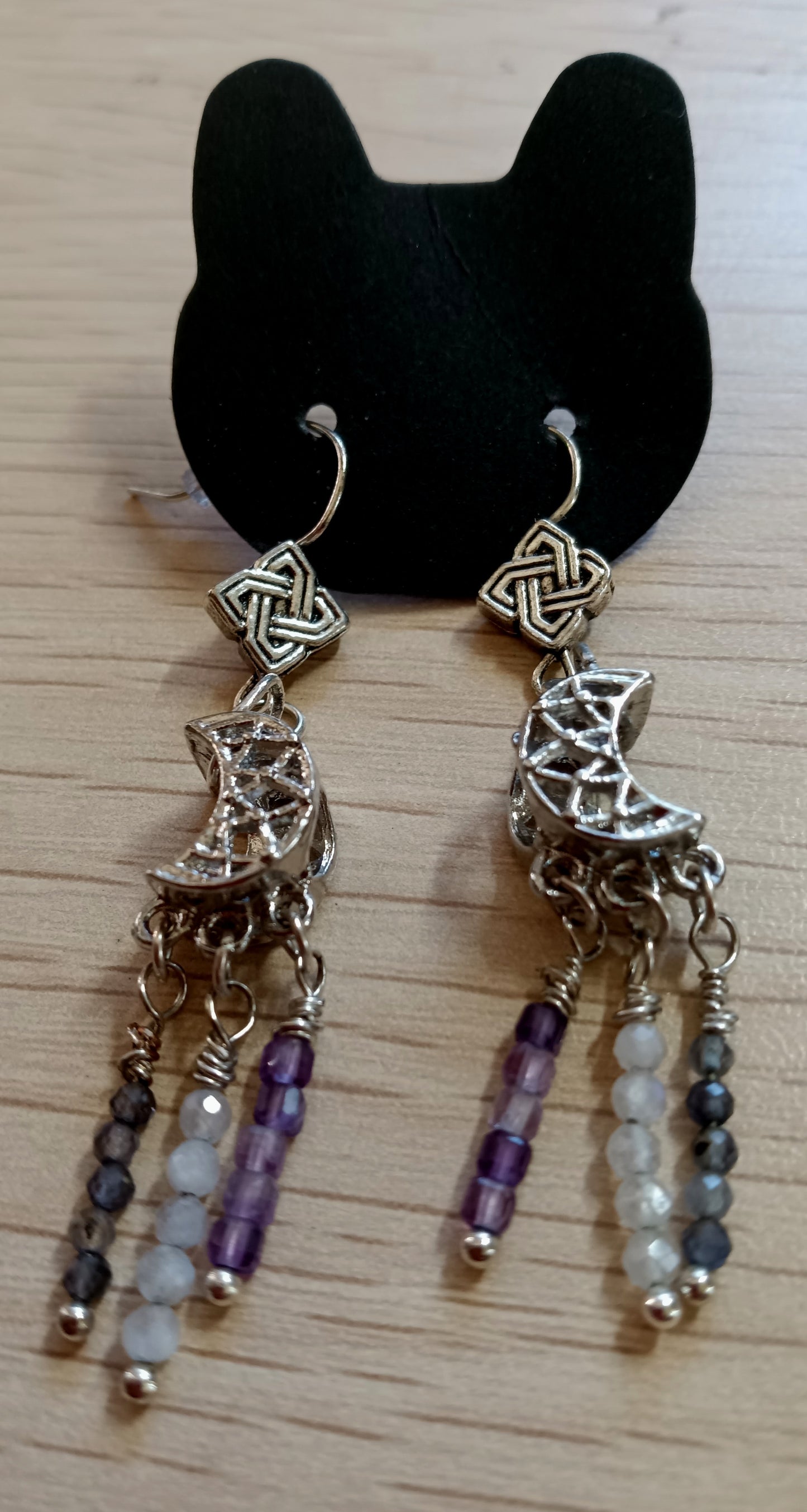 Crescent Moon Drop Earrings with Iolite, Moonstone, & Amethyst Heishi